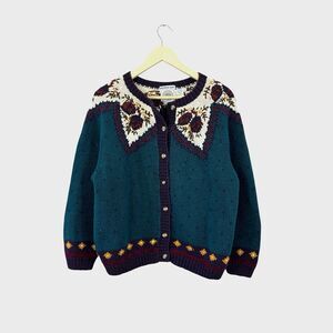 Vintage Cape Isle Knitters Handknit Medium Cardigan Sweater DARK TEAL Women READ